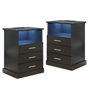 LED Nightstand with Charging Station, Side Table with 3 Drawers & Open Storage, 2 pc Set
