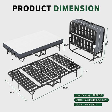 VIYET 75"x46" Extra Wide Folding Bed - 450lbs Heavy Duty Rollaway Bed with 5" Memory Foam Mattress
