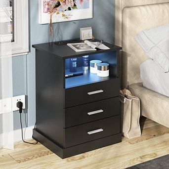 LED Nightstand with Charging Station (2 Plugs/2 USB), Side Table with 3 Drawers & Open Storage