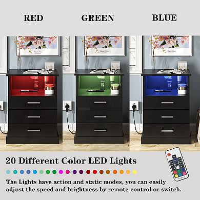 LED Nightstand with Charging Station (2 Plugs/2 USB), Side Table with 3 Drawers & Open Storage