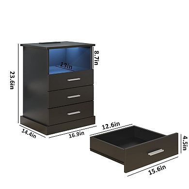 LED Nightstand with Charging Station (2 Plugs/2 USB), Side Table with 3 Drawers & Open Storage