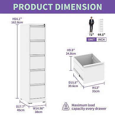VIYET 5-Drawer Vertical File Cabinet - Locking Steel Ultimate Storage for Letter & Legal Files