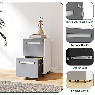 VIYET 2-Drawer Mobile File Cabinet with Lock - Fully Assembled All-Steel Storage Cabinet on Wheels