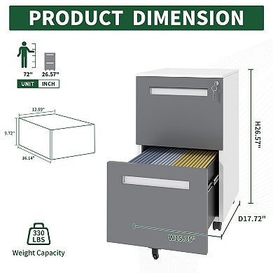VIYET 2-Drawer Mobile File Cabinet with Lock - Fully Assembled All-Steel Storage Cabinet on Wheels