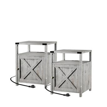 Farmhouse Nightstand with Charging Station (2 AC/2 USB), Rustic End Table Besides Table for Bedroom