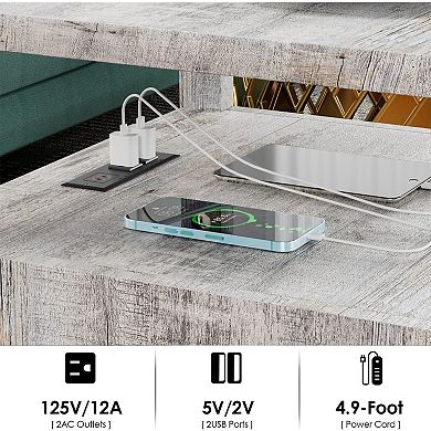 Farmhouse Nightstand with Charging Station (2 AC/2 USB), Rustic End Table Besides Table for Bedroom