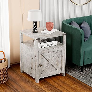 Farmhouse Nightstand with Charging Station (2 AC/2 USB), Rustic End Table Besides Table for Bedroom