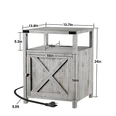 Farmhouse Nightstand with Charging Station (2 AC/2 USB), Rustic End Table Besides Table for Bedroom
