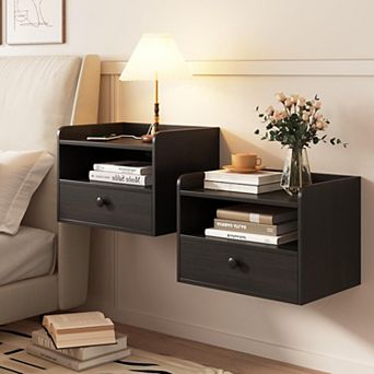 Floating Nightstand Set of 2, Modern Bedside Tables with Drawer & Open Shelf, Wood Night Stands