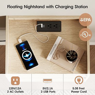 Floating Nightstand Set of 2, Modern Bedside Tables with Drawer & Open Shelf, Wood Night Stands