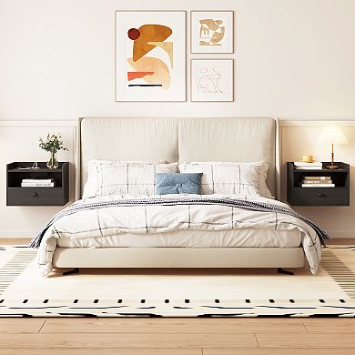Floating Nightstand Set of 2, Modern Bedside Tables with Drawer & Open Shelf, Wood Night Stands
