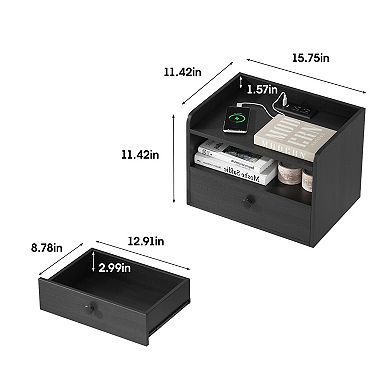 Floating Nightstand Set of 2, Modern Bedside Tables with Drawer & Open Shelf, Wood Night Stands