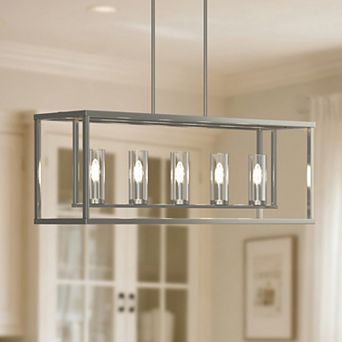42-Inch 5-Light Nickel Modern Pendant Light with Clear Glass Shades, Adjustable Height E12 Base