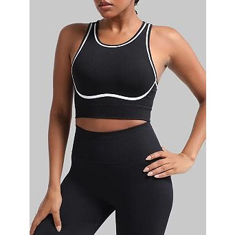 Womens Adjustable Crisscross Open-Back Striped Yoga Sports Bra