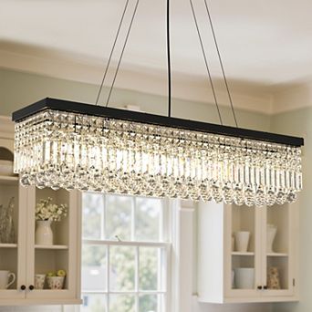 44.5-Inch 10-Light Crystal Chandelier, Black Finish Modern Style, Height Adjustable to 59.1 Inches