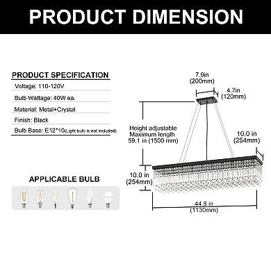 44.5-Inch 10-Light Crystal Chandelier, Black Finish Modern Style, Height Adjustable to 59.1 Inches