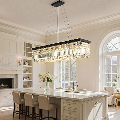 44.5-Inch 10-Light Crystal Chandelier, Black Finish Modern Style, Height Adjustable to 59.1 Inches