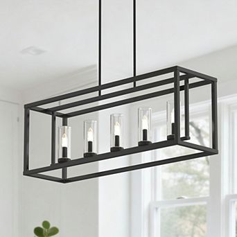 42-Inch 5-Light Matte Black Modern Pendant Light with Clear Glass Shades, Adjustable Height E12 Base