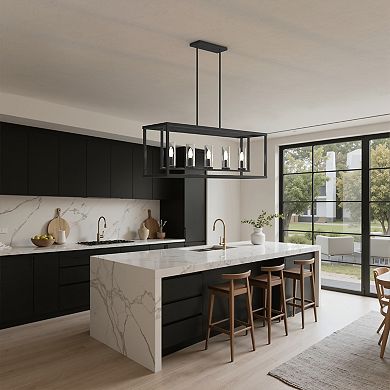 42-Inch 5-Light Matte Black Modern Pendant Light with Clear Glass Shades, Adjustable Height E12 Base