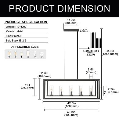 42-Inch 5-Light Matte Black Modern Pendant Light with Clear Glass Shades, Adjustable Height E12 Base