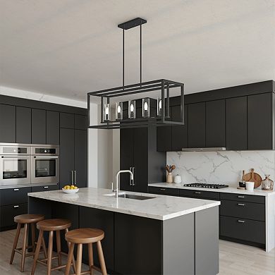 42-Inch 5-Light Matte Black Modern Pendant Light with Clear Glass Shades, Adjustable Height E12 Base