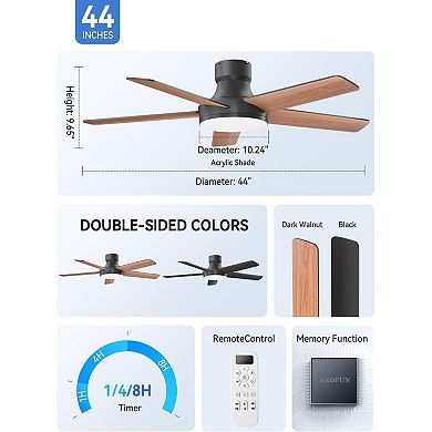 44" Ceiling Fans with Lights Remote or APP, Flush Mount Modern Ceiling Fan Quiet for Bedroom, Black