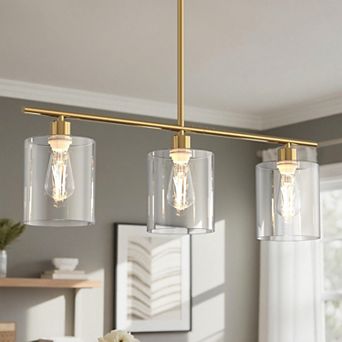 47-Inch Gold 3-Light Pendant Light Clear Glass Cylinder Shades Height Adjustable up to 47 in