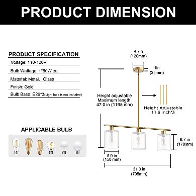 47-Inch Gold 3-Light Pendant Light Clear Glass Cylinder Shades Height Adjustable up to 47 Inches