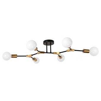 6-Light Industrial Mesh Flush Mount Ceiling Light, 32" Black and Gold Finish for Living Room Bedroom