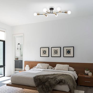 6-Light Industrial Mesh Flush Mount Ceiling Light, 32" Black and Gold Finish for Living Room Bedroom
