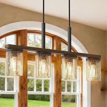 36.6" 4-Light Farmhouse Island Pendant Light with Seeded Glass Shades Black Finish with Wood Accents