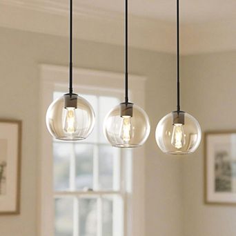 30.3" 3-Light Matte Black Modern Pendant Light with Globe Glass Shades Adjustable Height up to 78.7"