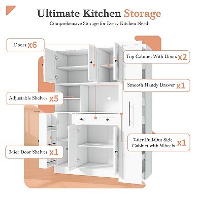 KWPZQEB Freestanding Buffet with Hutch & Pull-Out Side Cabinet, 6 Doors & Drawer for Dining Room