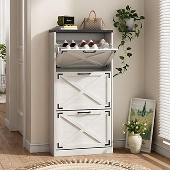 Farmhouse Shoe Storage Cabinet with 3 Flip Drawers, Narrow Storage Rack Organizer for Entryway