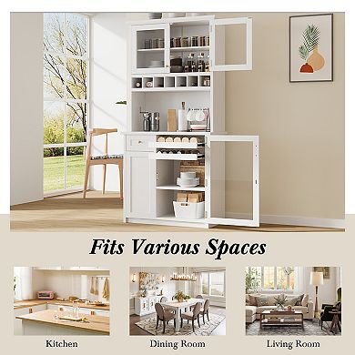 KWPZQEB Farmhouse Freestanding Buffet with Hutch, Wine Rack & Adjustable Shelves for Dining Room