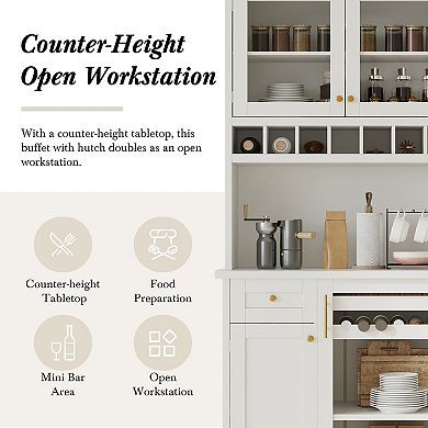 KWPZQEB Farmhouse Freestanding Buffet with Hutch, Wine Rack & Adjustable Shelves for Dining Room