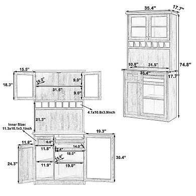 KWPZQEB Farmhouse Freestanding Buffet with Hutch, Wine Rack & Adjustable Shelves for Dining Room