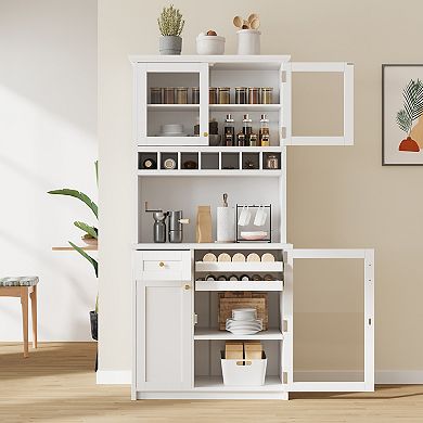 KWPZQEB Farmhouse Freestanding Buffet with Hutch, Wine Rack & Adjustable Shelves for Dining Room