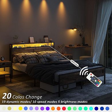 Farmhouse Metal Platform Bed Frame, Storage Headboard +LED Lights & Charging Station, Sturdy Support