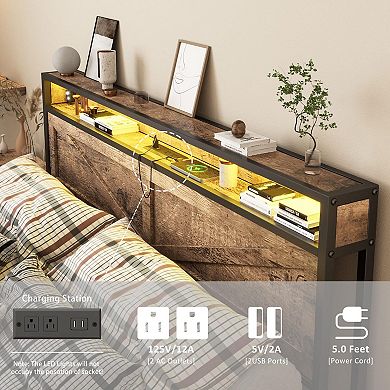 Farmhouse Metal Platform Bed Frame, Storage Headboard +LED Lights & Charging Station, Sturdy Support