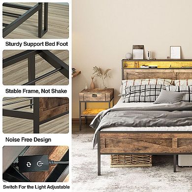 Farmhouse Metal Platform Bed Frame, Storage Headboard +LED Lights & Charging Station, Sturdy Support