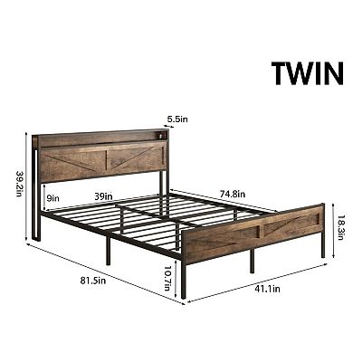 Farmhouse Metal Platform Bed Frame, Storage Headboard +LED Lights & Charging Station, Sturdy Support