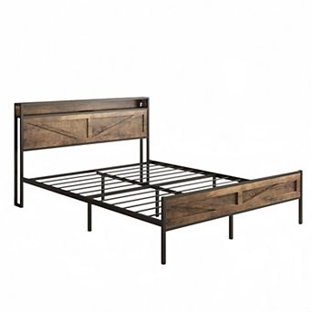 Farmhouse Metal Platform Bed Frame, Storage Headboard +LED Lights & Charging Station, Sturdy Support