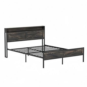 Farmhouse Metal Platform Bed Frame, Storage Headboard +LED Lights & Charging Station, Sturdy Support