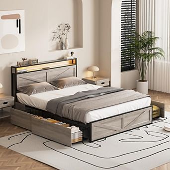Farmhouse Metal Platform Bed Frame, Storage Headboard +LED Lights & Charging Station, Sturdy Support
