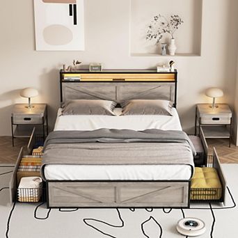 Farmhouse Metal Platform Bed Frame, Storage Headboard +LED Lights & Charging Station, Sturdy Support