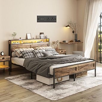 Farmhouse Metal Platform Bed Frame, Storage Headboard +LED Lights & Charging Station, Sturdy Support