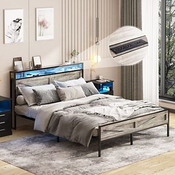 Farmhouse Metal Platform Bed Frame, Storage Headboard +LED Lights & Charging Station, Sturdy Support