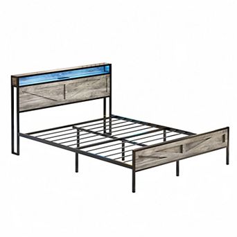 Farmhouse Metal Platform Bed Frame, Storage Headboard +LED Lights & Charging Station, Sturdy Support