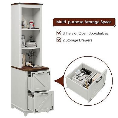 Farmhouse Tall Bookcase with 3-Tier Open Shelves and 2 Drawers, Wood ...